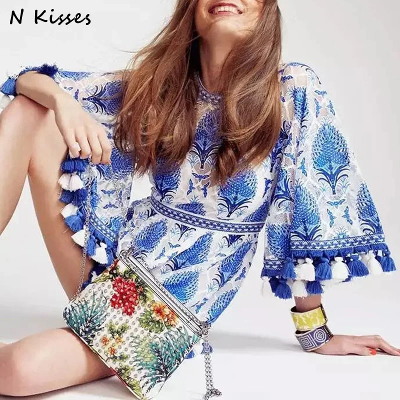 2017 Fashion Beach Style Boho Blue and White Porcelain Print Tassel Embroidery Loose Playsuits Alice M|fashion playsuits|alice playsuitplaysuit boho