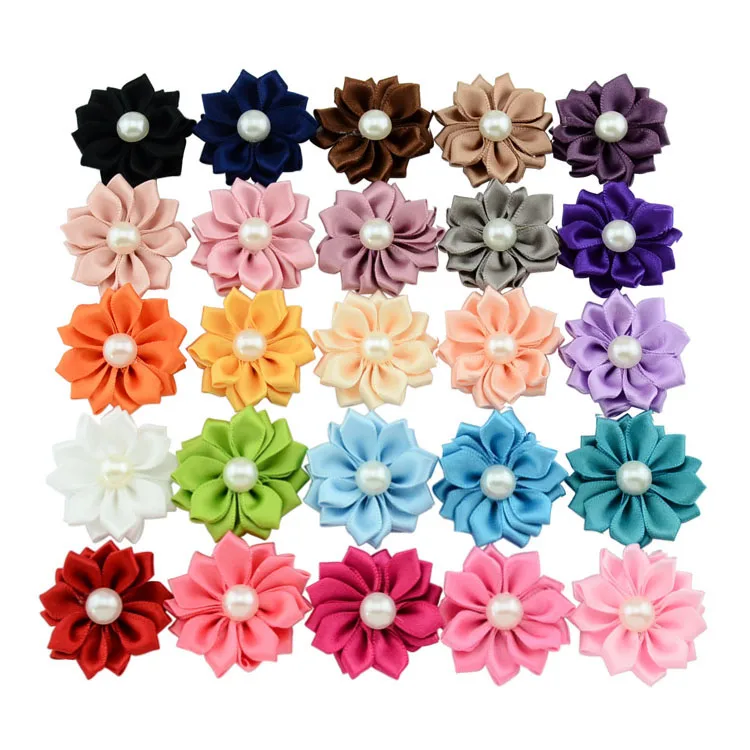 50 шт./лот украшения для волос цветок атласная лента жемчужная аппликация повязка