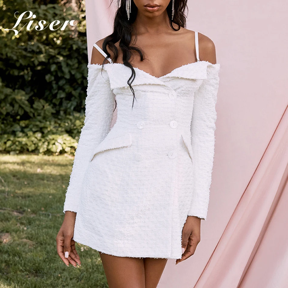 Женское платье на пуговицах Liser Белое Облегающее мини с v образным вырезом