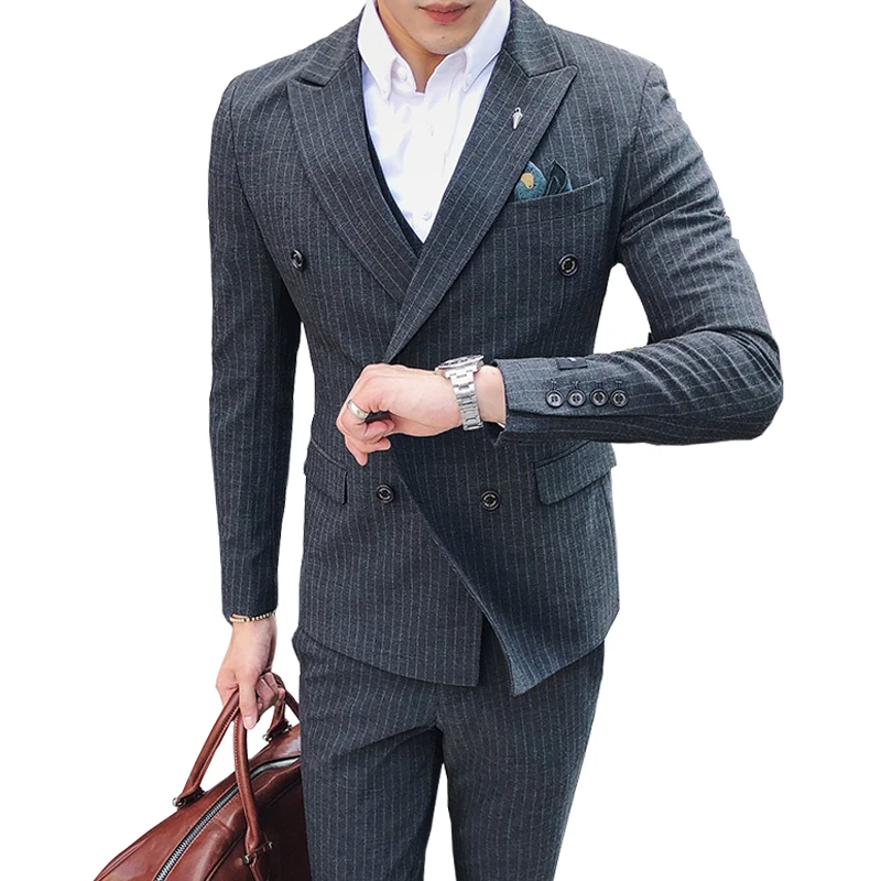 (Пиджак + жилет брюки) модный бутик полосатый официальный мужской повседневный деловой двубортный