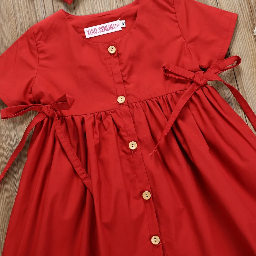 baby girl summer dress cotton button short sleeve princess dress+headband 2pcs children outfit fashion clothes 2019 | Детская одежда и
