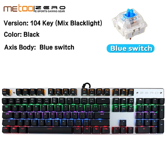 104Black Blue Switch Игровая клавиатура Metoo ZERO, Проводная Механическая клавиатура, синий/черный/красный светодиодный переключатель с подсветкой, без коллизий, N key rolllover 87 104 клавиш - Цвет: 104Black Blue Switch