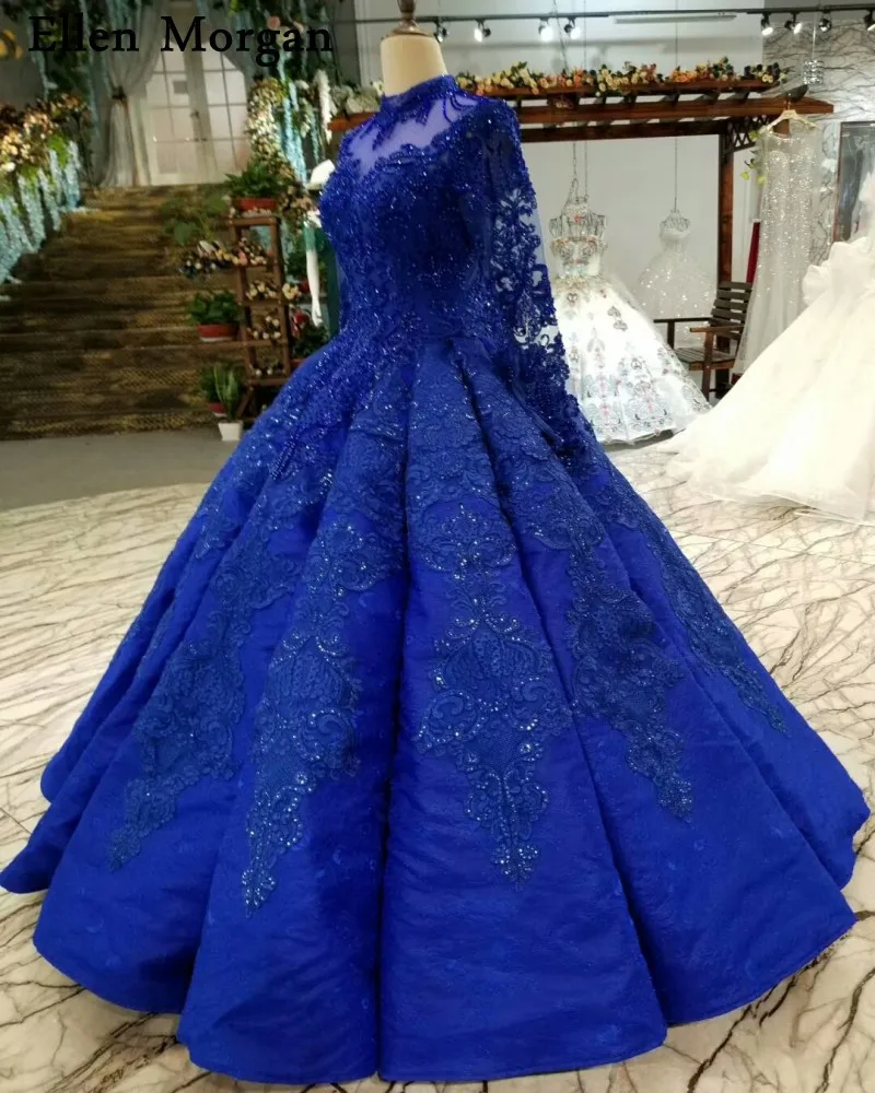 Royal Blue Long Sleeves Wedding Dresses 2019 for Women Lace up High Neck Floor Length Lace Pearls Ball Gowns Puffy Bridal Gowns