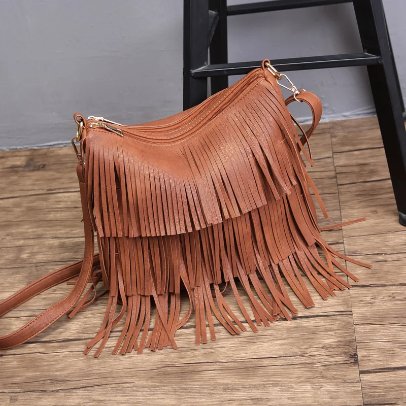 Модная Хиппи Бахрома Кисточкой Маленькая женская веганская кожаная сумка Бохо
