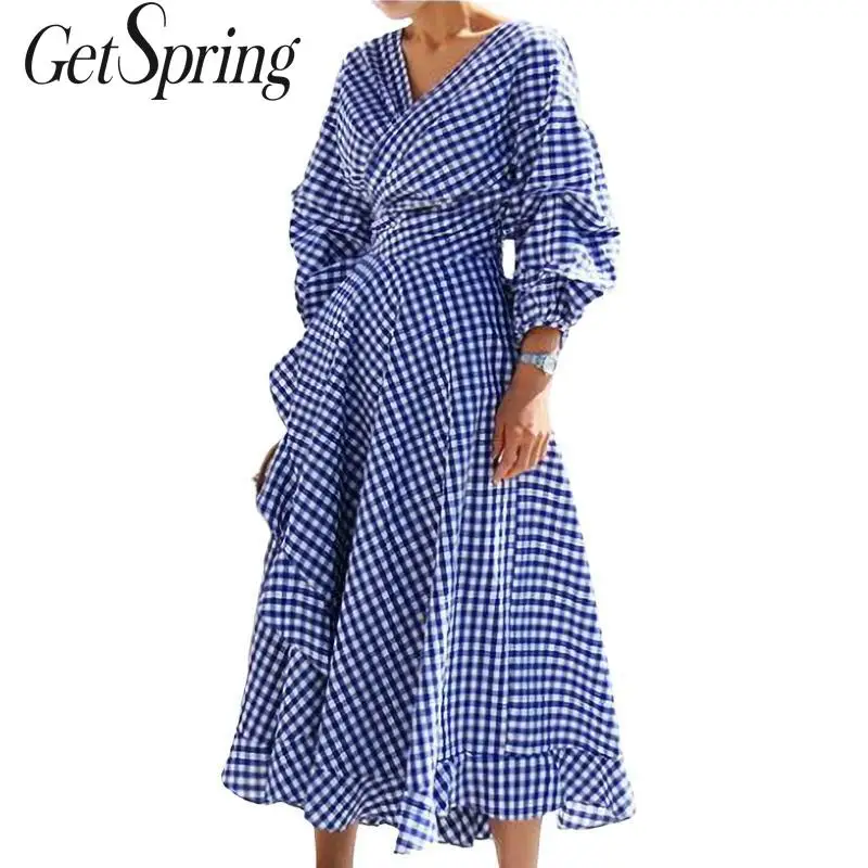 Женское платье рубашка GetSpring синее винтажное Хлопковое с длинным рукавом и
