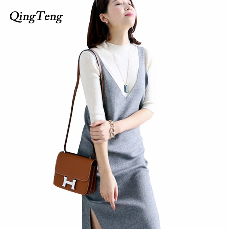 Women Dresses Cashmere And Wool Blend Knitwear Hot Sale Long Dress Spring V Neck Spaghetti Strap New Fashion Mid-Calf | Женская одежда