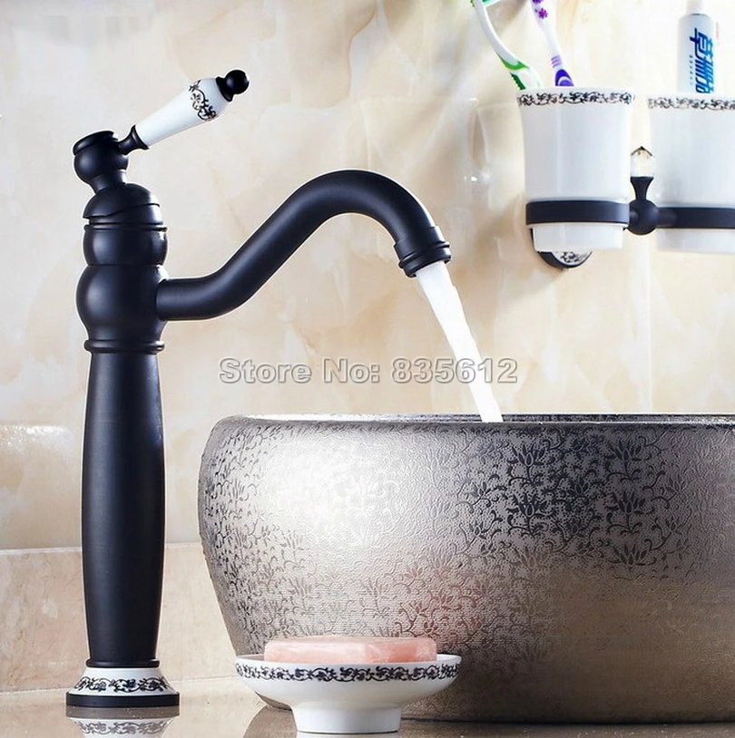 

Black Oil Rubbed Brass Swivel Spout Kitchen Sink Basin Faucet / Ceramic Handle Vessel Sink Mixer Taps Deck Mounted Wnf506
