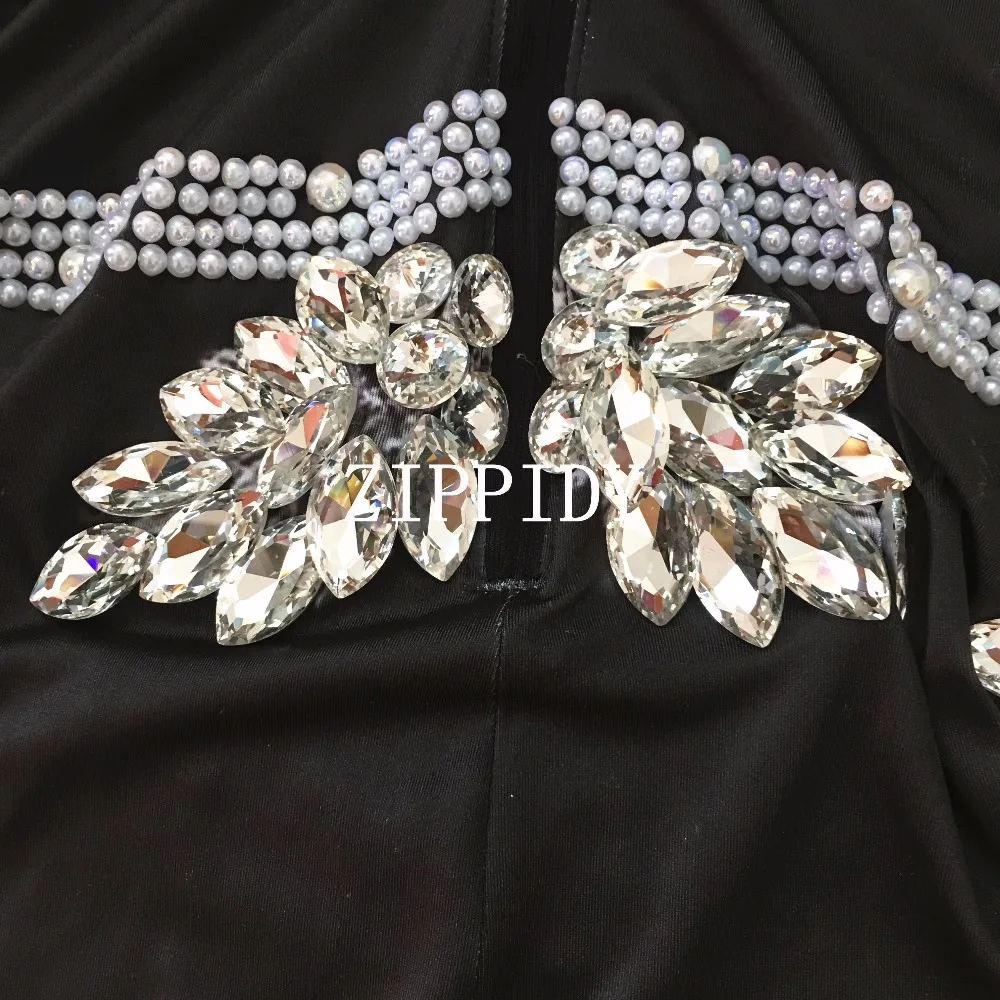 Черный блестящий боди с кристаллами сексуальный бриллиантовый головной убор