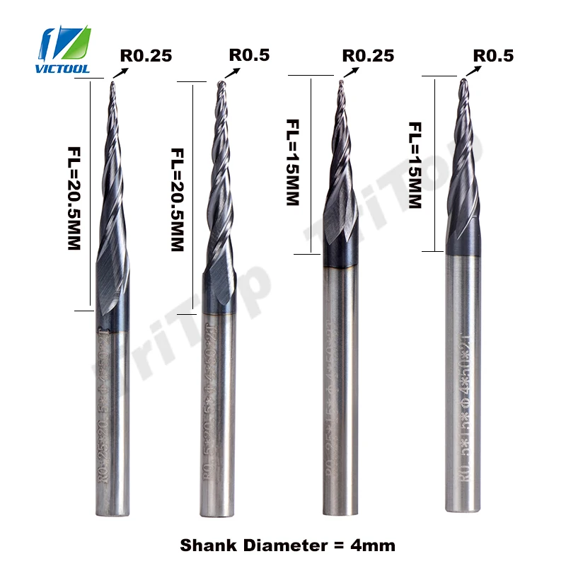 4 шт./лот D4 коническая Концевая фреза с шаровым концом Набор фрезов 1 шт. R0.25 * 15 20 5