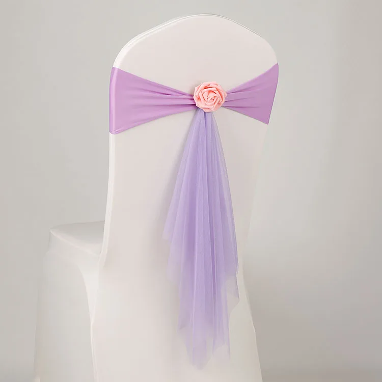 

Violet Colour Spandex Chair Sash With Rose Ball Artifical Flower Ball And Organza Sash Lycra Sash Fit All Chairs Wedding