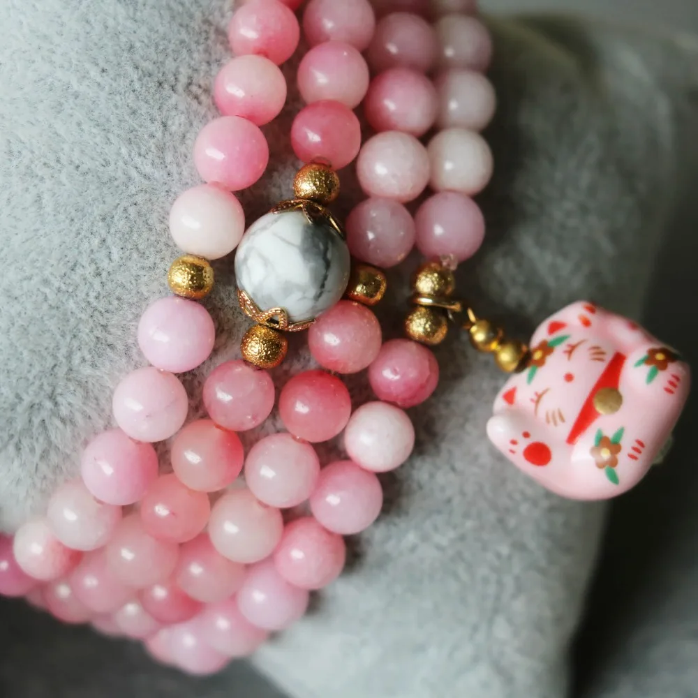 6 мм розовый браслет с халцедоном Lucky ceramic Cat кулон Модные ювелирные бусы