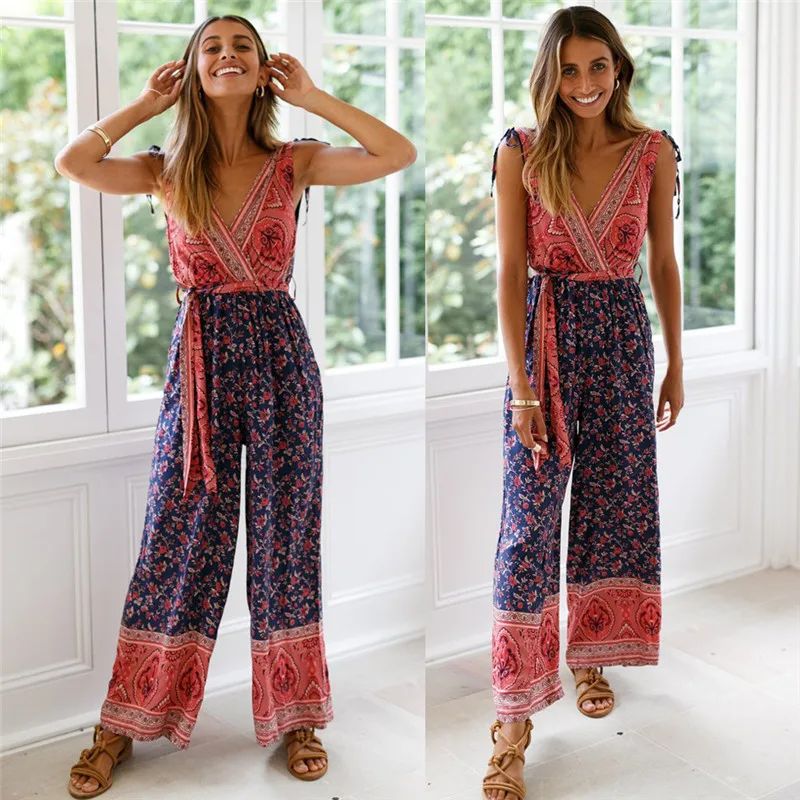 Женские летние комбинезоны в стиле бохо с цветочным геометрическим принтом