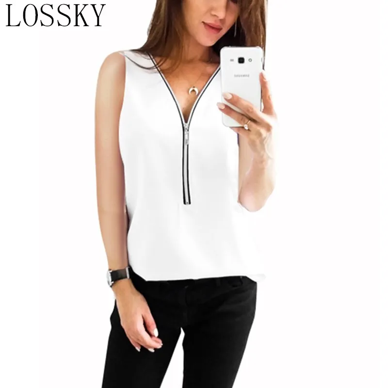 

Casual 2020 Summer New Blouse Sexy V Neck Zipper Sleeveless Slim Solid Chiffon Blouses Basic Top Blusas Plus Size Chemise Shirts