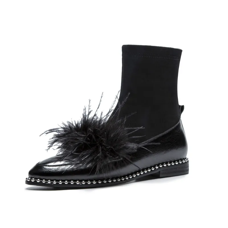 XIUNINGYAN Shoes Woman Ankle Boots Genuine Leather Low Heels Metal Rivets Fashion Chelsea Winter Round Toe String Beading | Обувь