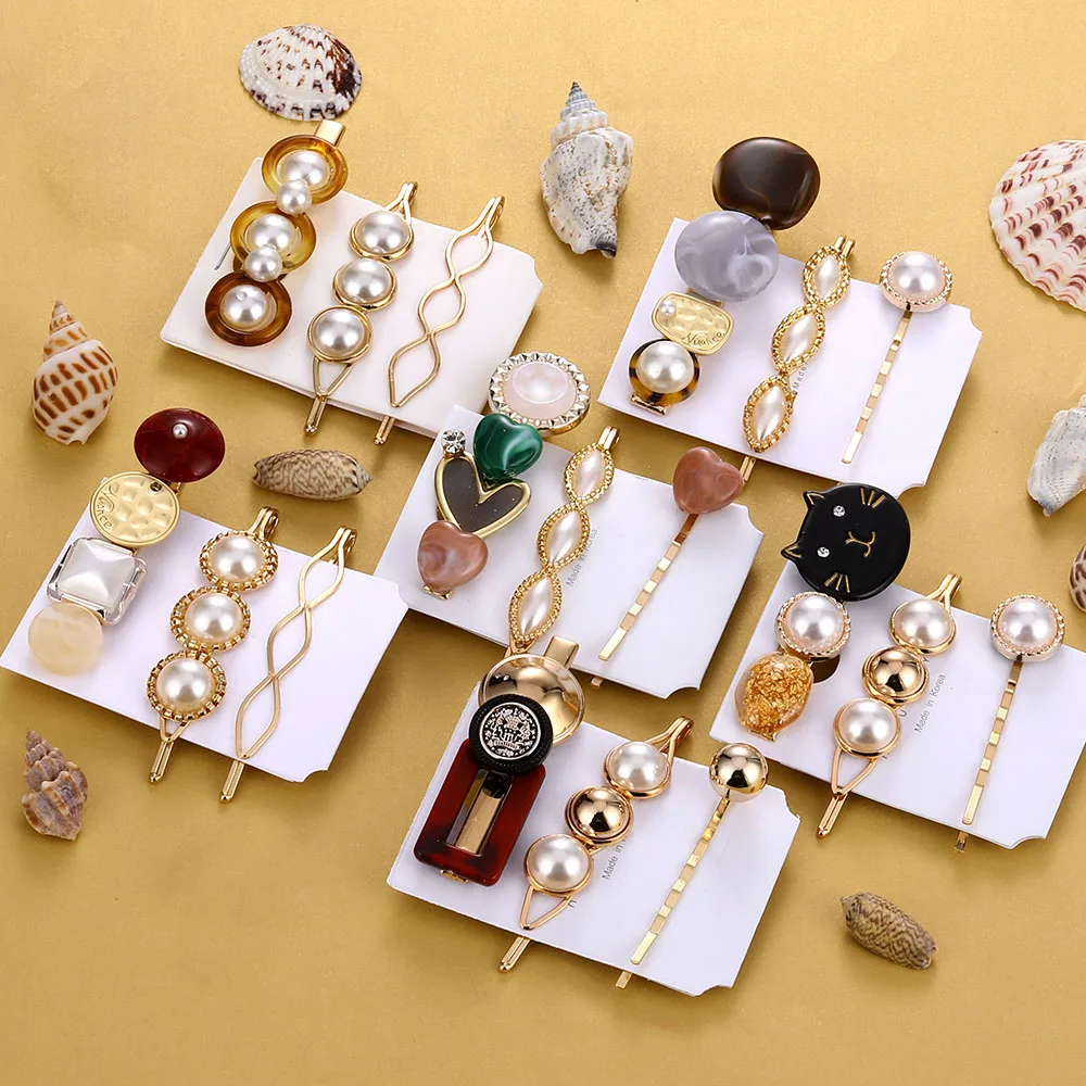 

IPARAM 3Pcs/Set Korean Pearl Metal Color Hair Clip Cute Cat Shell Gold Hair Clip Jewelry Geometric Hair Styling Accessories