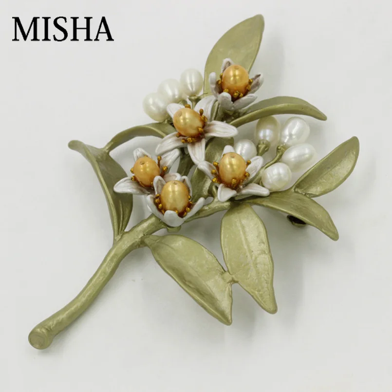 Женская брошь в форме цветка MISHA свадебная с натуральным оранжевым жемчугом