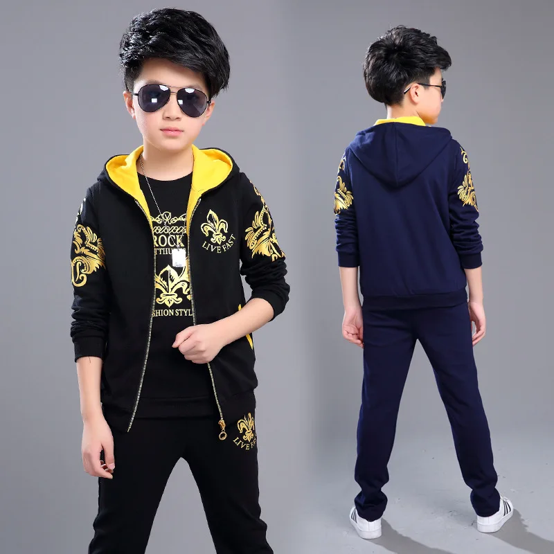 Boys 6-14 Years Sports 3 PCS Set (R Vest + Pullover Hoodies Long Pant) Fashion Soft Cotton Spring Autumn Suits Big Sets | Детская одежда