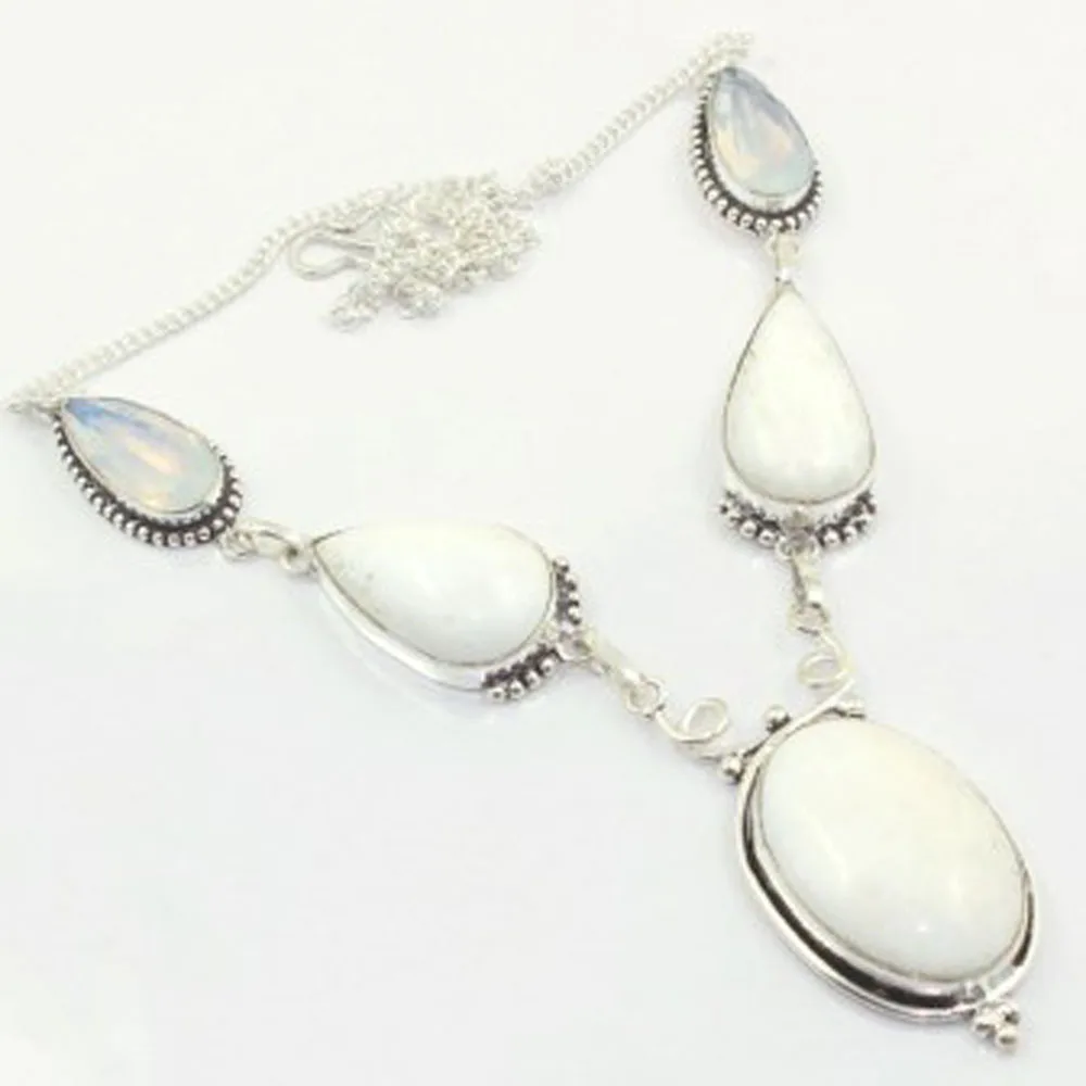 

White Jaspers & Fire Opal Necklace Silver Overlay over Copper, 52 cm, N3856