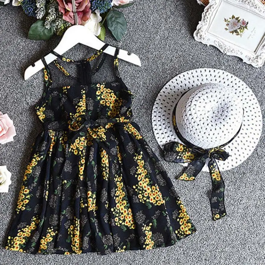 2PCS Toddler Kids Baby Girl Outfit Clothes Chiffon Floral Vest Dress+Sun Hat Set 0410 | Детская одежда и обувь