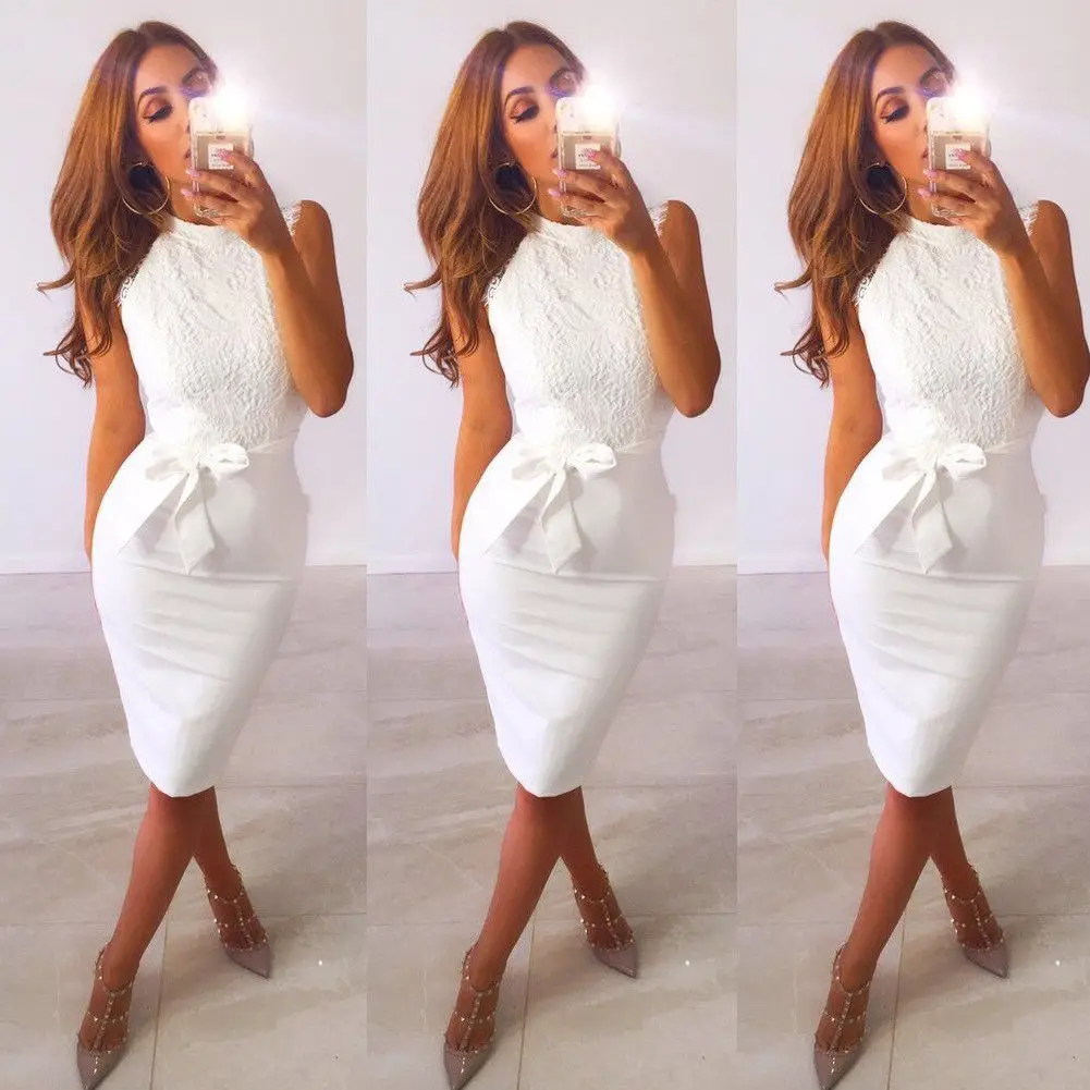 New Women's Summer Lace Sleeveless Party Evening Belt Short Midi Dress | Женская одежда