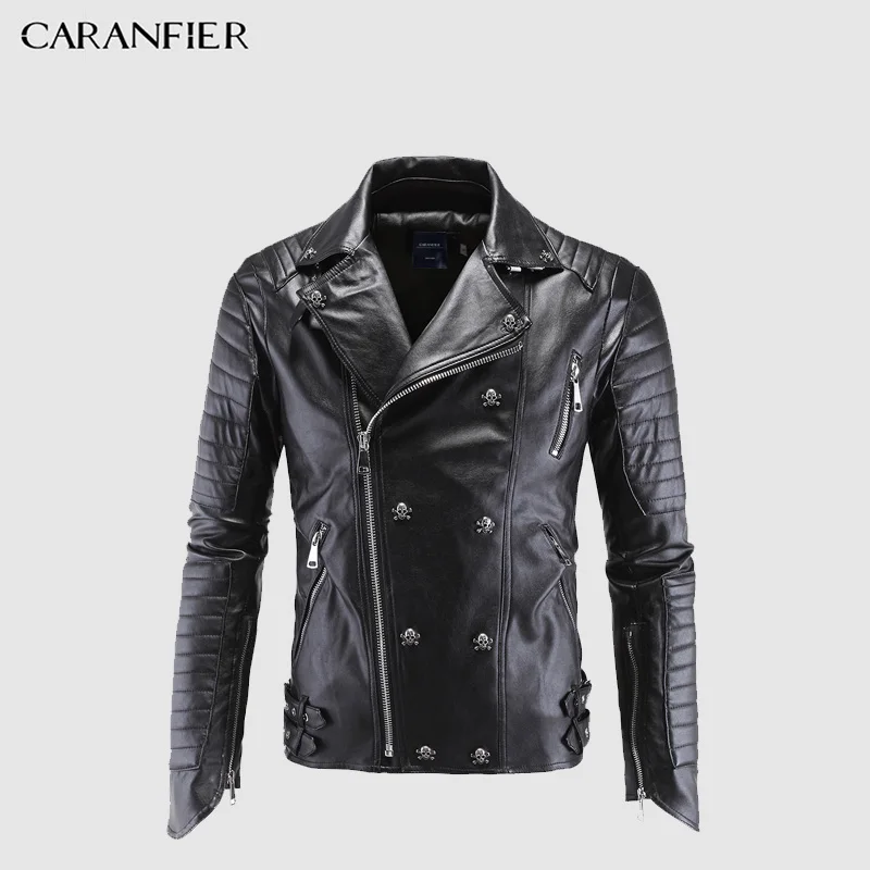 Кожаная куртка CARANFIER Мужская Дизайнерская Черная байкерская мотоциклетная с
