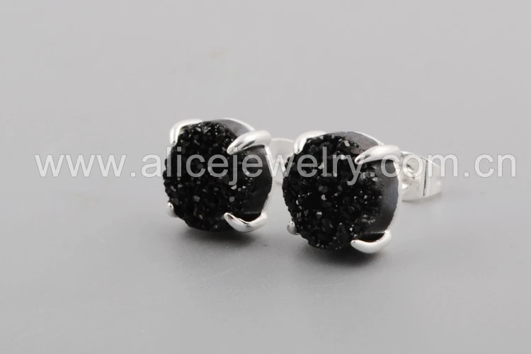 Black Druzy BOROSA 5 пар Мода 10 мм круглый серебряный коготь титан радуга натуральный кулон agates Druzy серьги гвоздики ювелирные изделия как подарок ZS0132 - Окраска металла: Black Druzy