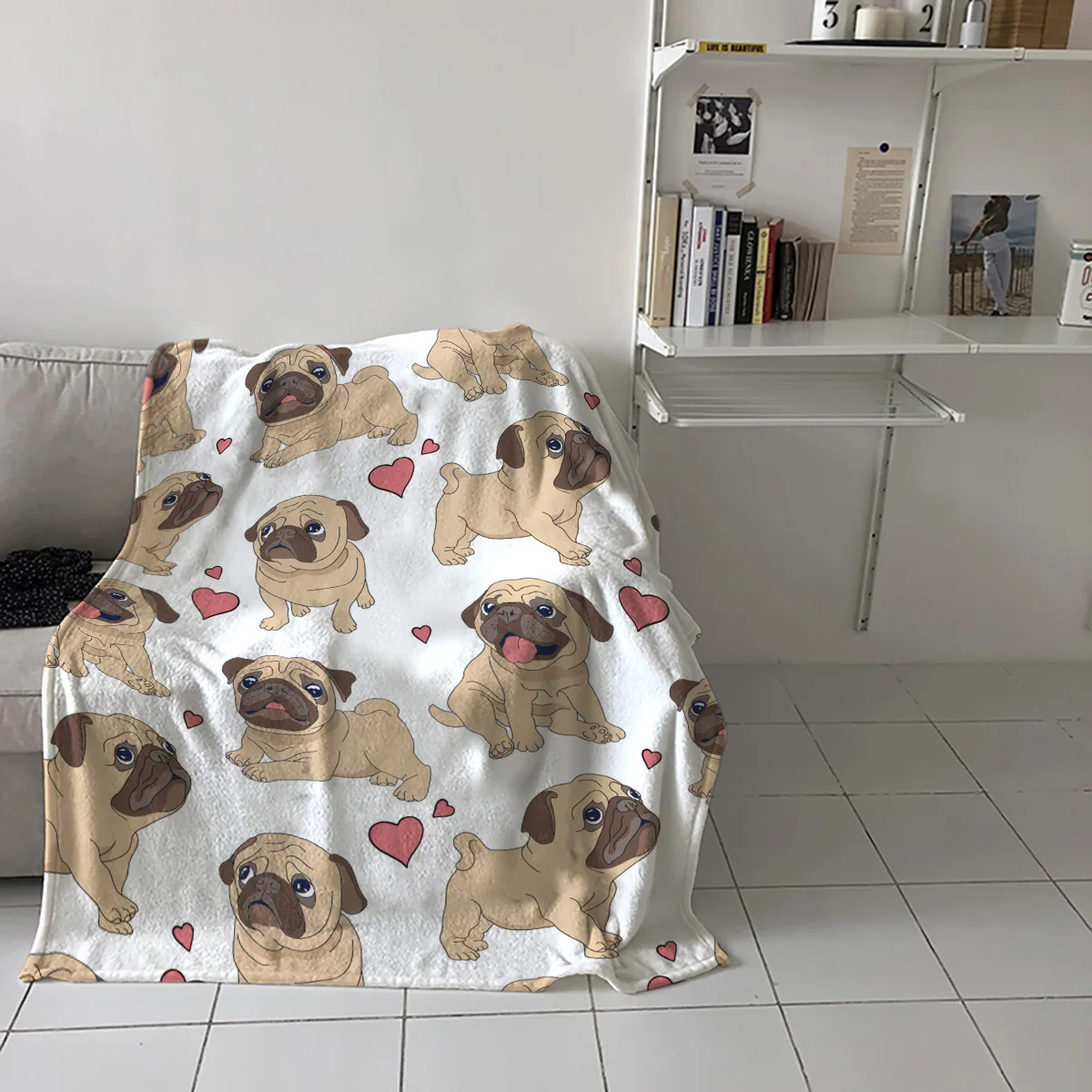 Бархатное одеяло bighдома с милым рисунком мопса и сердца мультяшный стиль