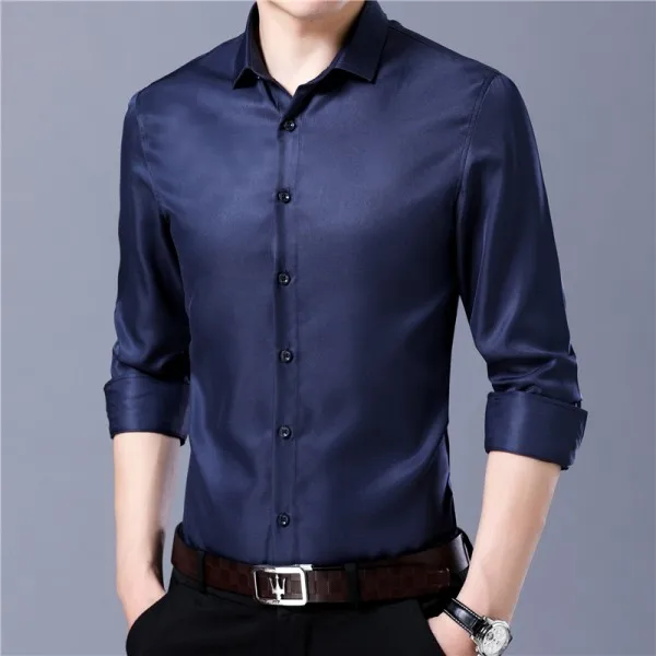 Тёмно-синий solid men dress shirts long sleeve casual slim fit white formal social shirt male brand clothing prom wedding camisas hombre - Цвет: Тёмно-синий