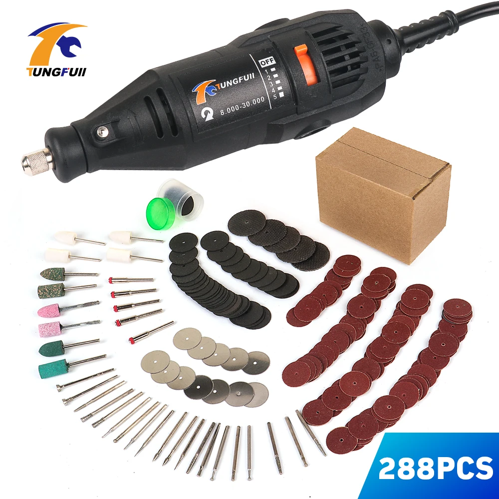 TUNGFULL Dremel 130 Вт полированный гравированный Электроинструмент с 288 шт. аксессуары для Dremel Электрический деревообрабатывающий инструмент Мини дрель гравер