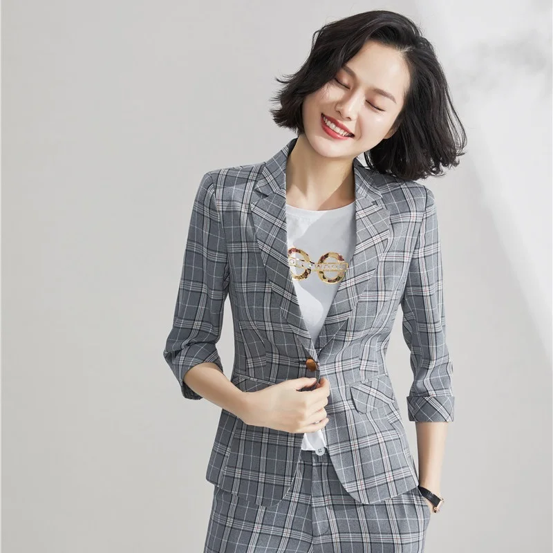 

Fashion Casual Women Blazers and Jackets Grey Plaid Half Sleeve Ladies Elegant OL Office Uniform Styles