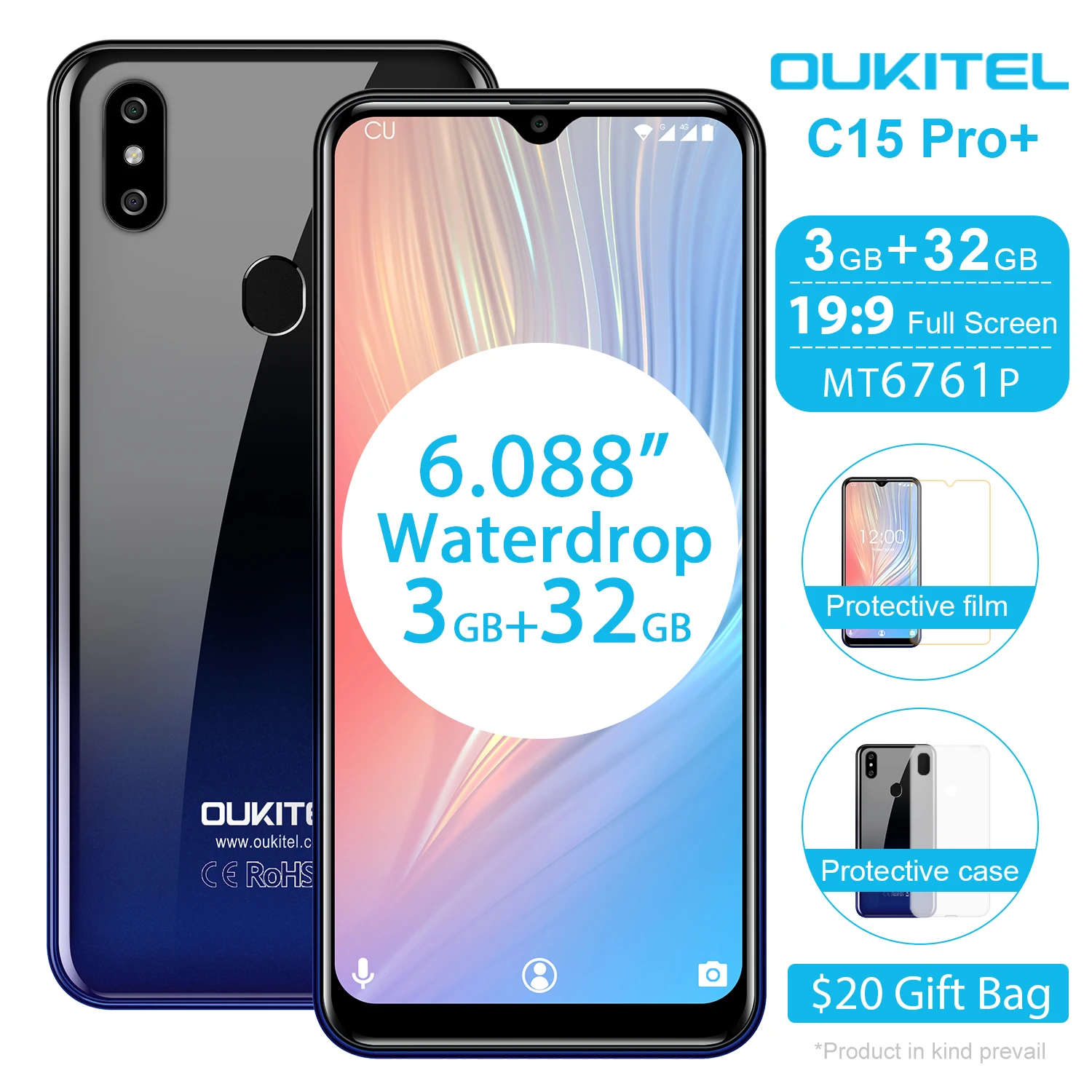 Смартфон OUKITEL C15 Pro+ 3+32 Гб экран 6.088'' процессор MT6761 2.4G/5G сканер отпечатка пальца