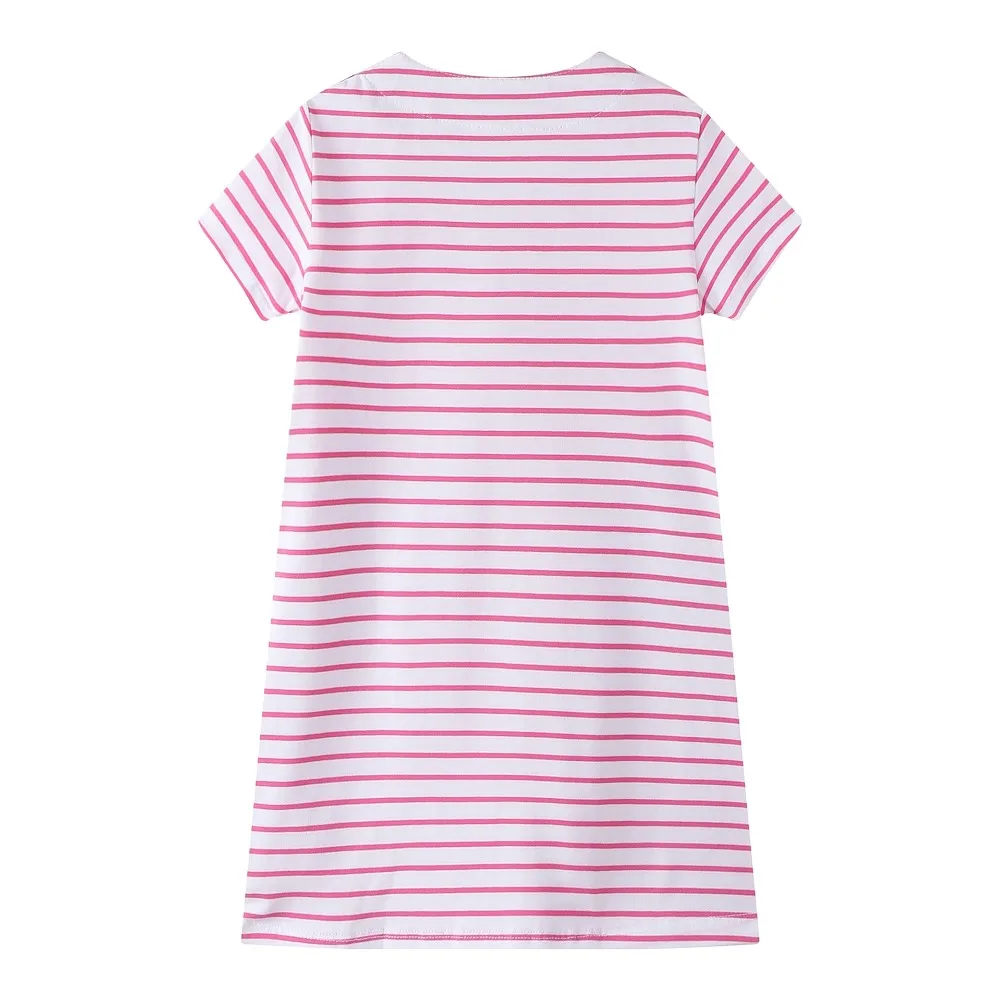 Girl's O-neck Short Sleeve Casual Fashion Stripes Design Cartoon Print Summer A-line Dresses 100% Cotton Streetwear Top | Детская