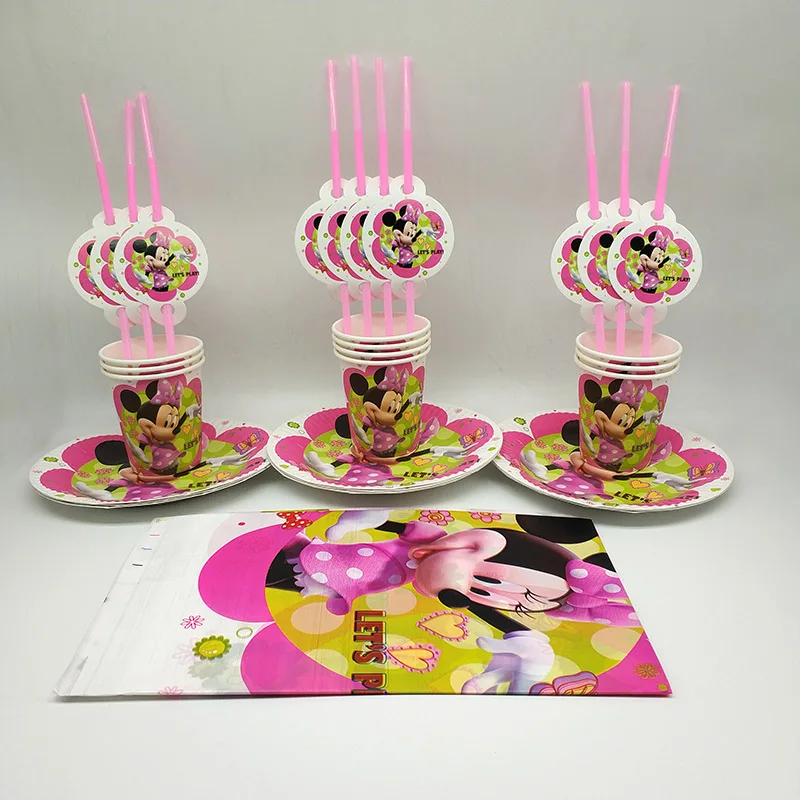 61Pcs/set minnie mouse Theme 20plates + 20cups+ 20straws+1Tablecloth happy birthday party supplies for kids | Дом и сад