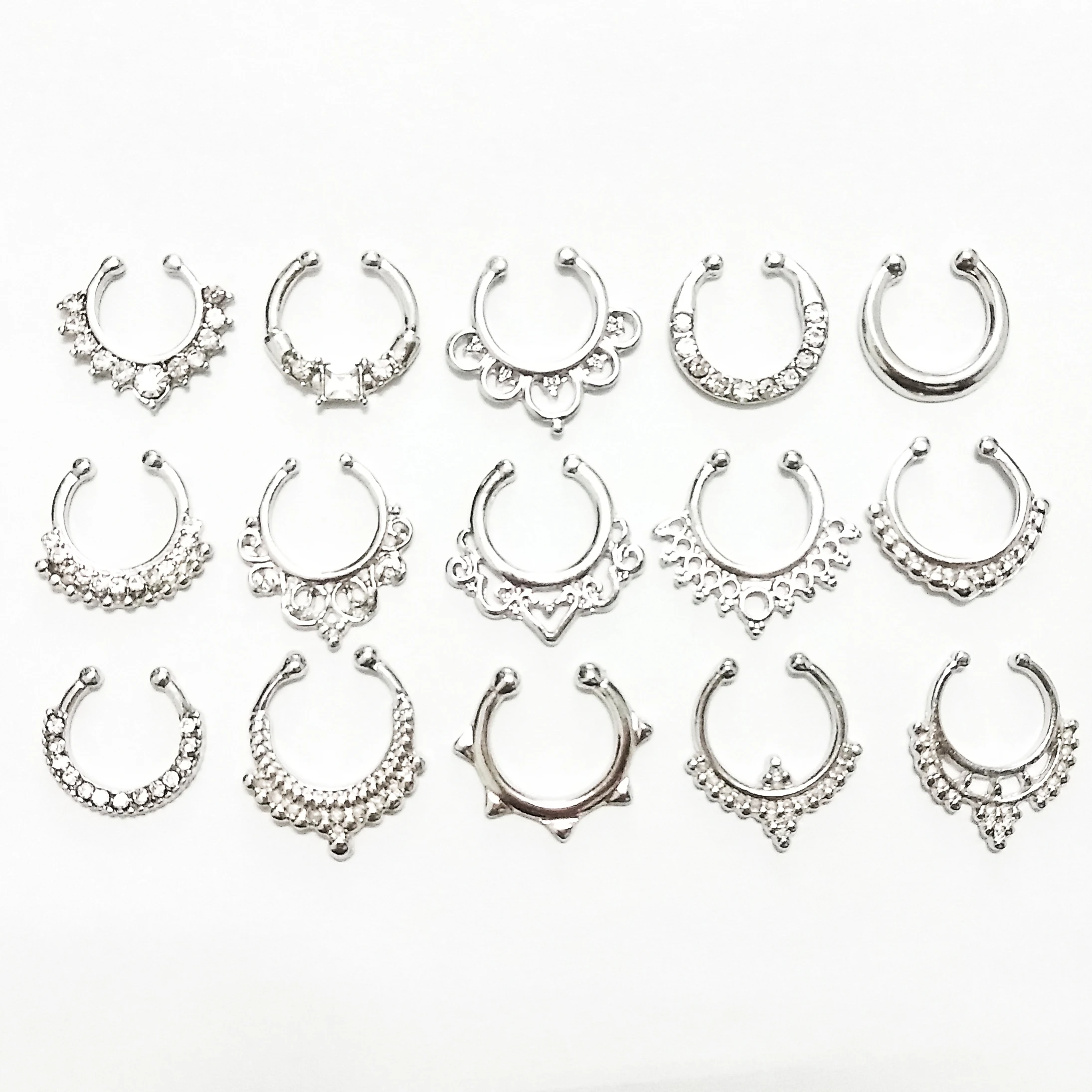 15 pcs silver ZOEBER, 15 шт. в наборе, Кристальный кликер, поддельная перегородка для женщин, зажим для тела, обруч, Винтажное кольцо для носа, искусственный пирсинг, ювелирные изделия для тела - Окраска металла: 15 pcs silver