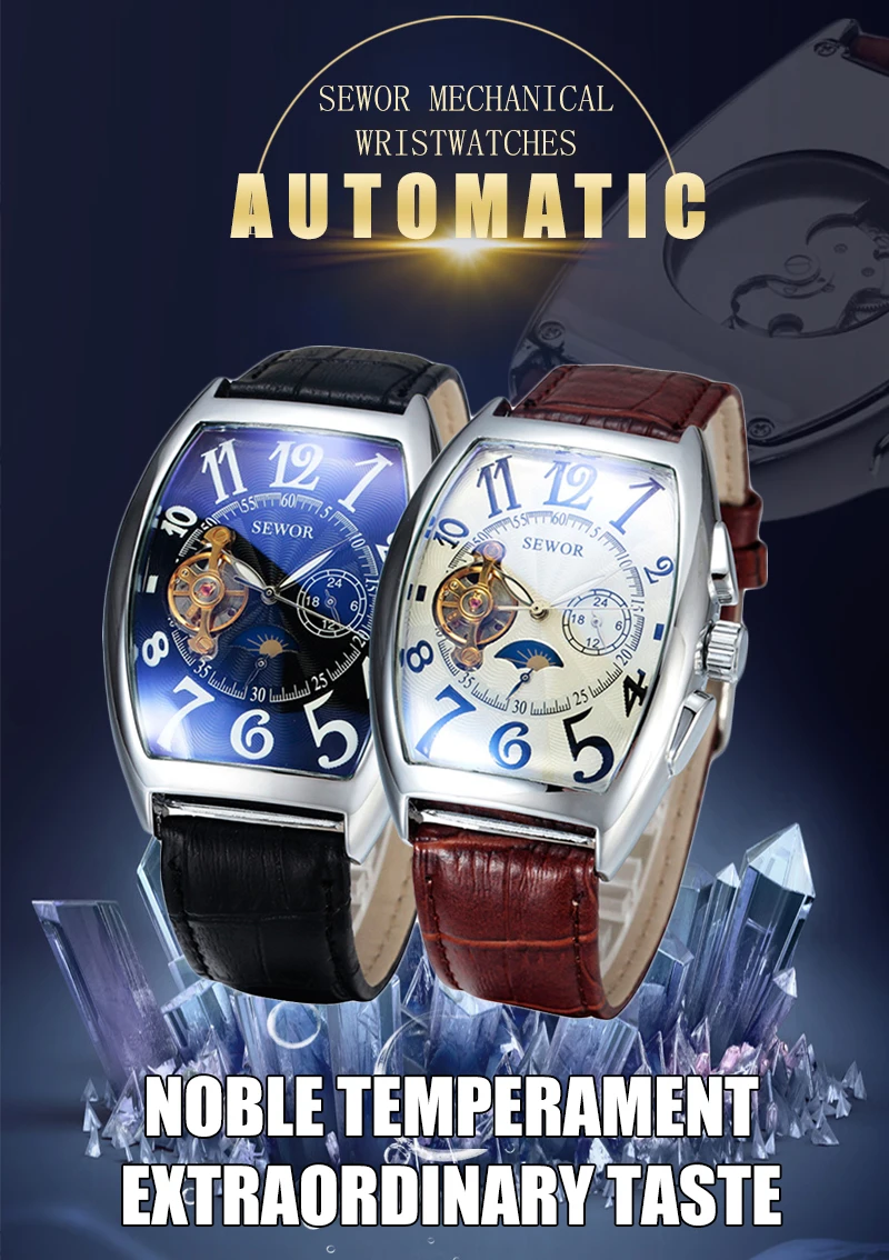 SEWOR, классические Tourbillon мужские часы, брендовые Роскошные автоматические часы, золотой чехол, мужские часы с календарем, черные механические часы