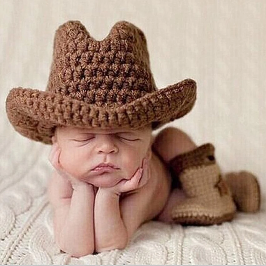 Baby photography props cow boy costume crochet hat shoes newborn outfit baby caps infant girl photo fotografia accessories | Детская