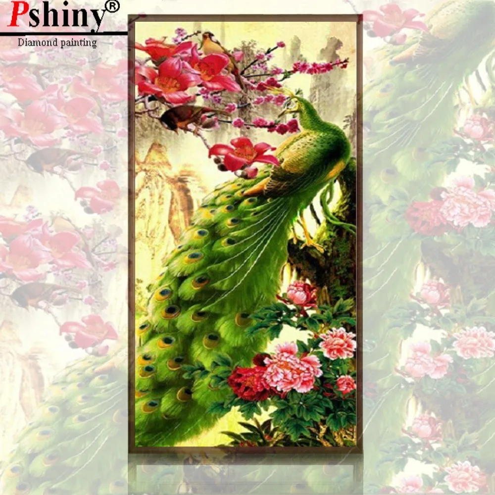 PSHINY DIY 5D алмазная картина Крест стич Зеленый Павлин животное стразами полная