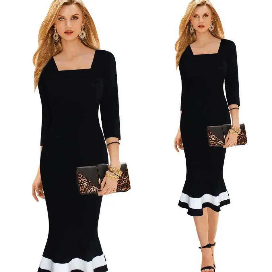 Женское Деловое платье карандаш облегающее черное Русалка с рукавом 100% для офиса