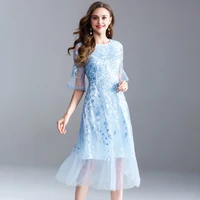 2019 autumn new fashion temperament large size womens solid color round neck embroidery gauze sleeves large dress