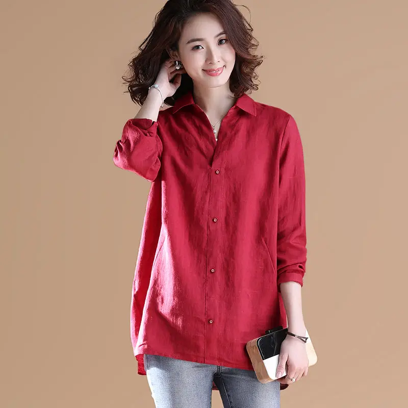 Блузка женская льняная с длинным рукавом Повседневная рубашка свободного покроя