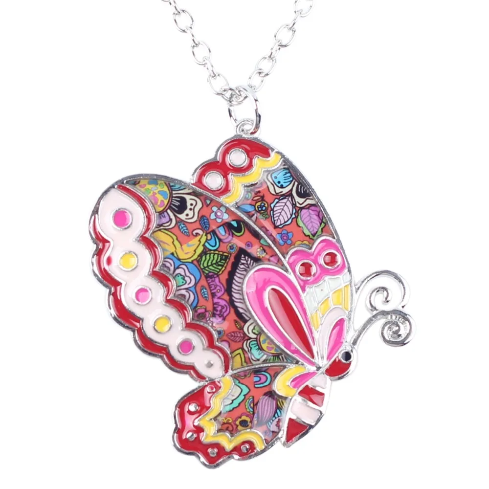 Bonsny Enamel Alloy Floral Butterfly Necklace Pendant Chain Collar Novelty Insect Jewelry For Women Girls Gift Party Accessories | Украшения