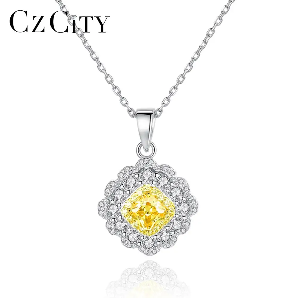 

CZCITY Real Solid Citrine Flower Pendant Necklaces for Women Wedding Engagement Fine Jewelry 925 Sterling Silver Collier SN0311