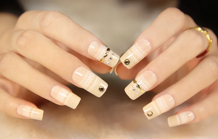 French lace pattern false nails Cute acrylic fake 3D for bride Japanese middle-long size full nail tips pure color | Красота и