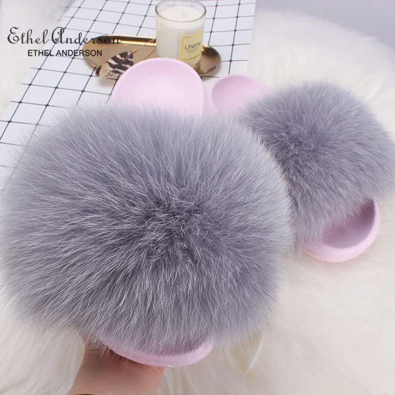Grey Pink Slippers Ethel Anderson/; шлепанцы с натуральным лисьим мехом; летние пляжные пушистые шлепанцы; Коллекция года; Вьетнамки с натуральным мехом енота; сандалии; обувь; - Цвет: Grey Pink Slippers