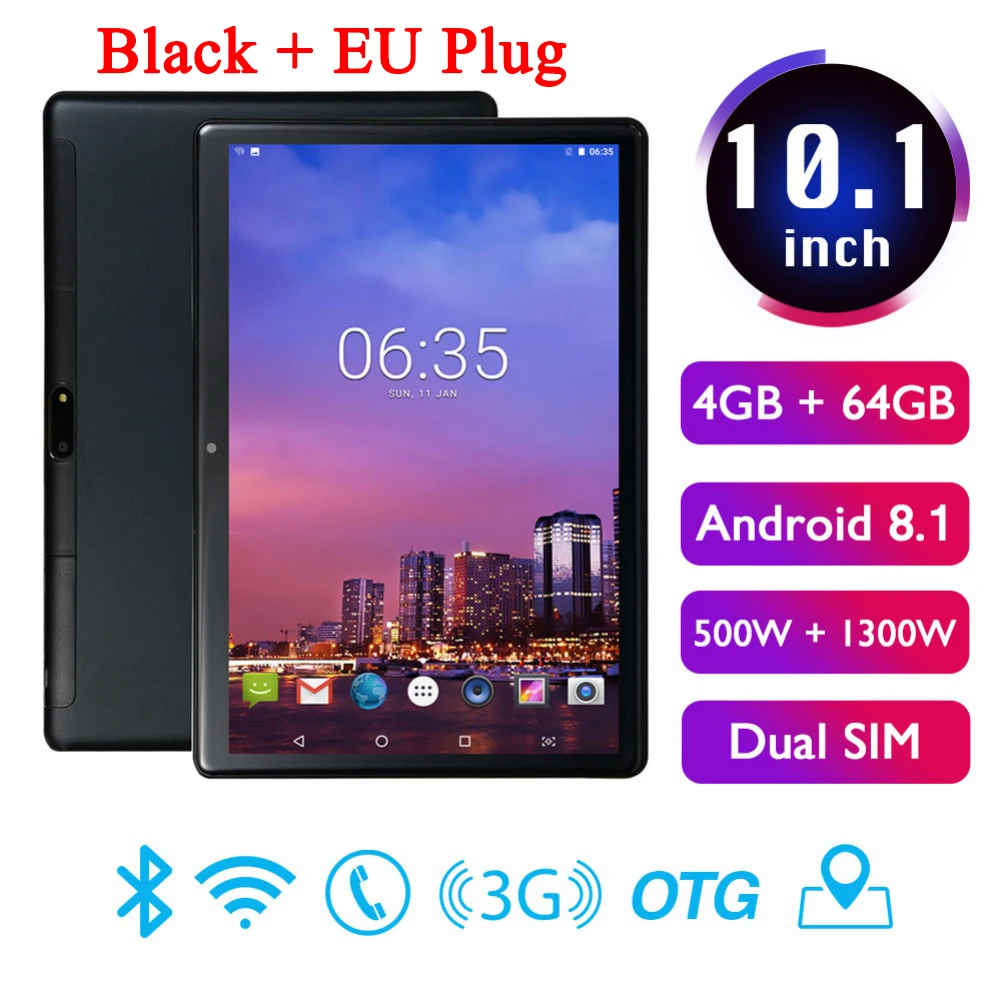 Black EU 10,1 дюймов 4 Гб+ 64 ГБ Android 8,1 WiFi планшетный ПК двойная SIM Двойная камера 3g телефон Pad планшеты с адаптером питания ЕС/США - Цвет: Black EU