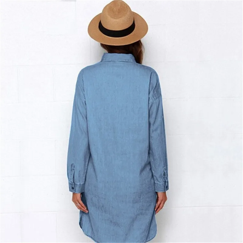 

New Spring Women Casual Turn-Down Collar Denim Shirt Button Female Solid Long Sleeve Long Shirt