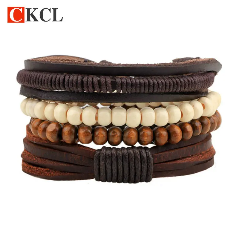 Модные многослойные деревянные бусины плетеные регулируемые кожаные популярные
