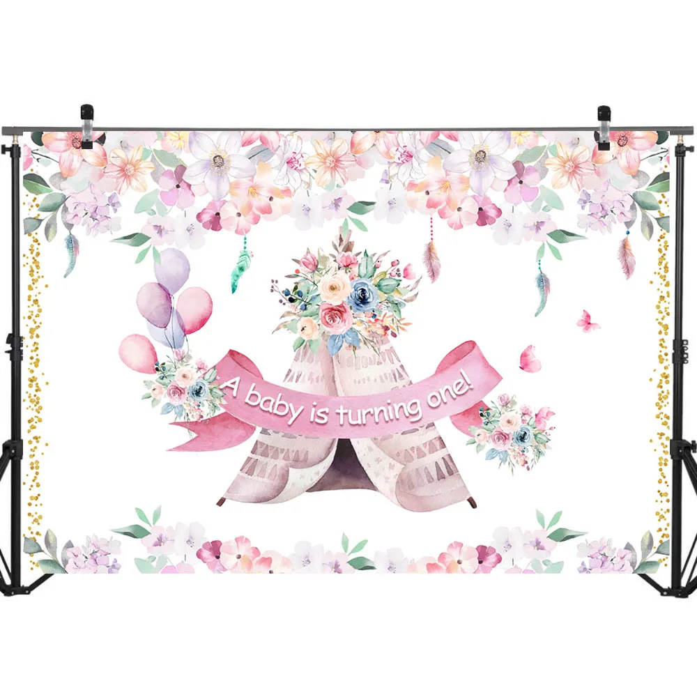 Neoback Baby Shower Backdrop Flower Boho Teepee фон для фотосъемки с розовым цветком и воздушным шаром