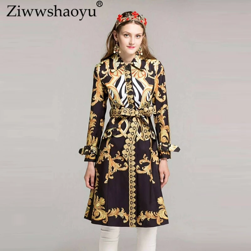 Ziwwshaoyu осенний дизайнерский Тренч Женский высококачественный элегантный длинный рукав роскошное Золотое Платье с принтом в стиле барокко