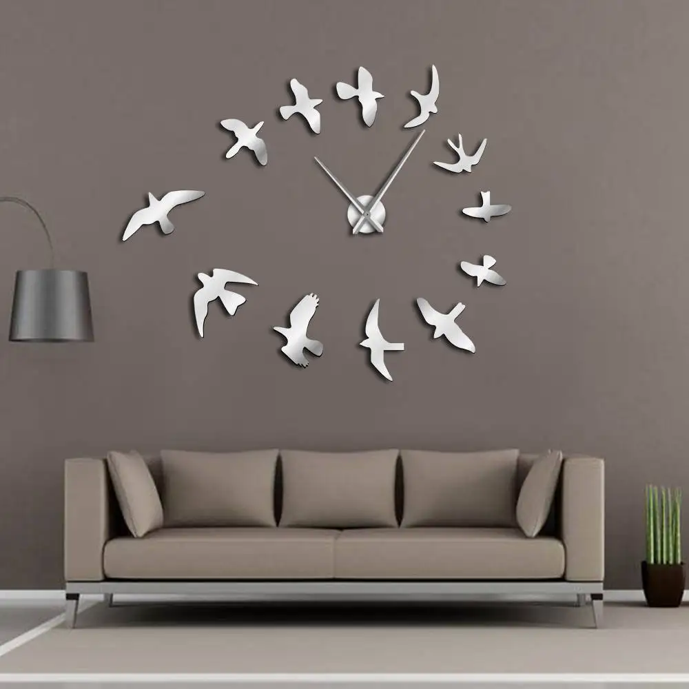 Modern Design Luxury Frameless DIY Large Decorative Mirror Wall Clock with Flying Birds - Nature Room Decor image 2